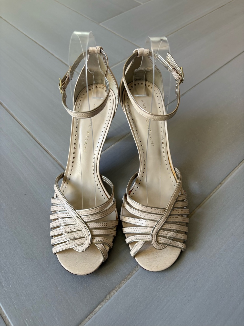 ANTONIO MELANI Blair Sandals | Bone & Silver Strappy Open-Toe Heels - Picture 4 of 9